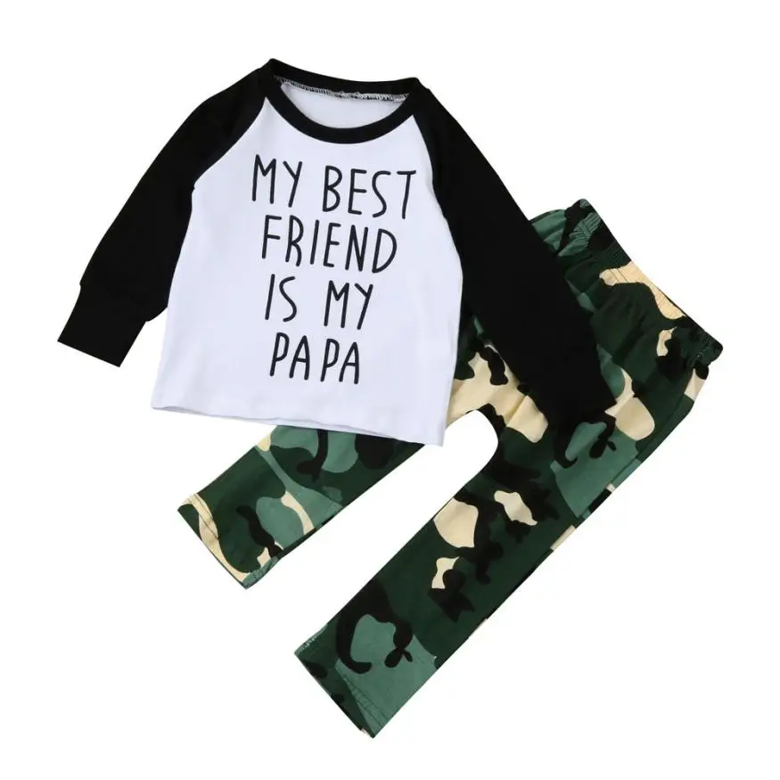 2017 Newborn Infant Baby Boy Letter T shirt Tops+Camouflage Pants