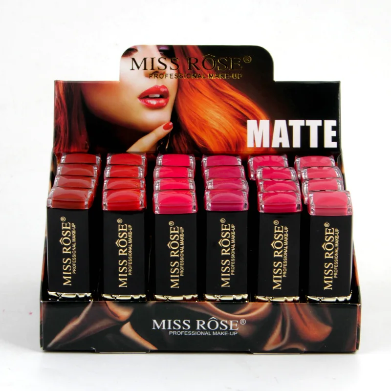 

MISS ROSE 24pc square tube elegant black tube lipstick is not easy to stick cup lip gloss lip glaze lip paint display box