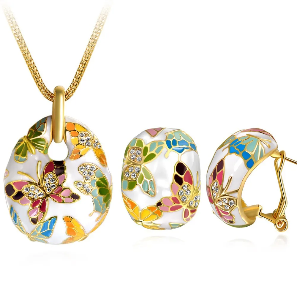 Crystal & Butterfly Enamel Necklace Earrings Retro Set of ...