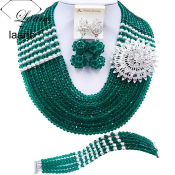 

Laanc Latest 10 Rows Fashion African Bridal Wedding Custome Jewelry Set Army Green Crystal Nigerian Beads C22P029