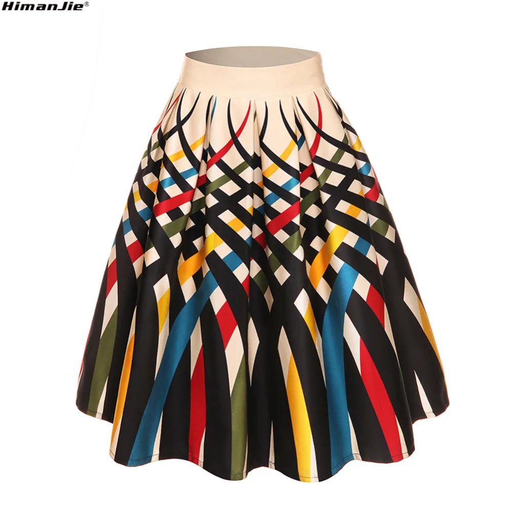

2019 Summer New 50s 60s Vintage Retro Lady fruit ice cream dot lobster Print High Waist Pleated Midi Skirt Saia Longa Plissada