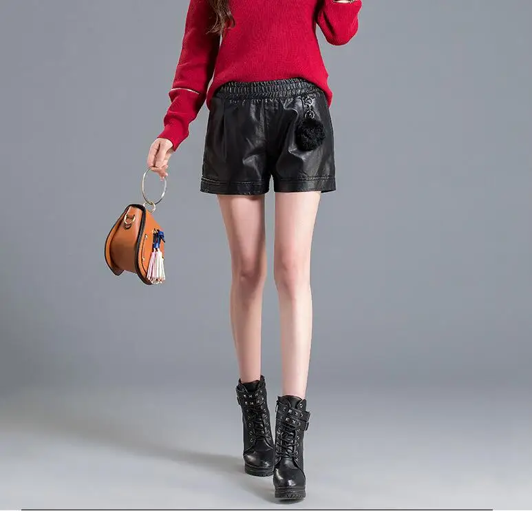 Moda Jihan женские шорты из искусственной кожи штаны для девочек женские Femme упругие талии брюки карман черные женские короткие штаны - Цвет: Черный