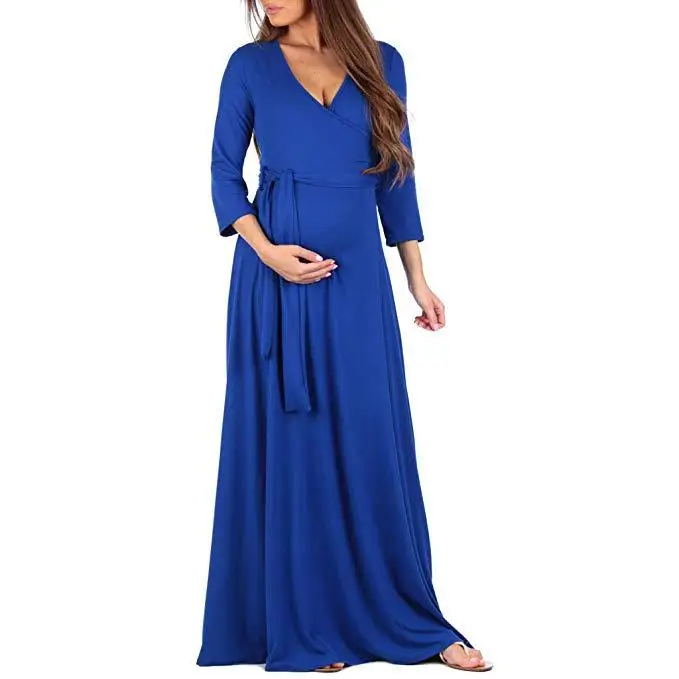 Платье для беременных с глубоким v-образным вырезом и рукавами три четверти; вечерние платья для беременных на свадьбу с поясом; длинные плиссированные платья для беременных - Цвет: Синий