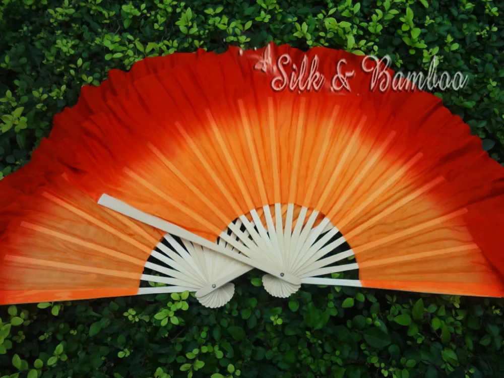

orange-red, 1 pair 30cm bamboo+10cm Chinese dance silk fan(flutter), 2 layers real flowy silk!