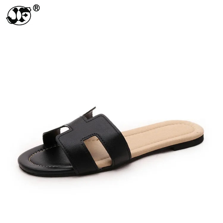 

Summer Leather Slippers Women Fashion Flat Heel Home Bedroom Luxury Shoes Beach Slides Black White Silver Gold Shoes