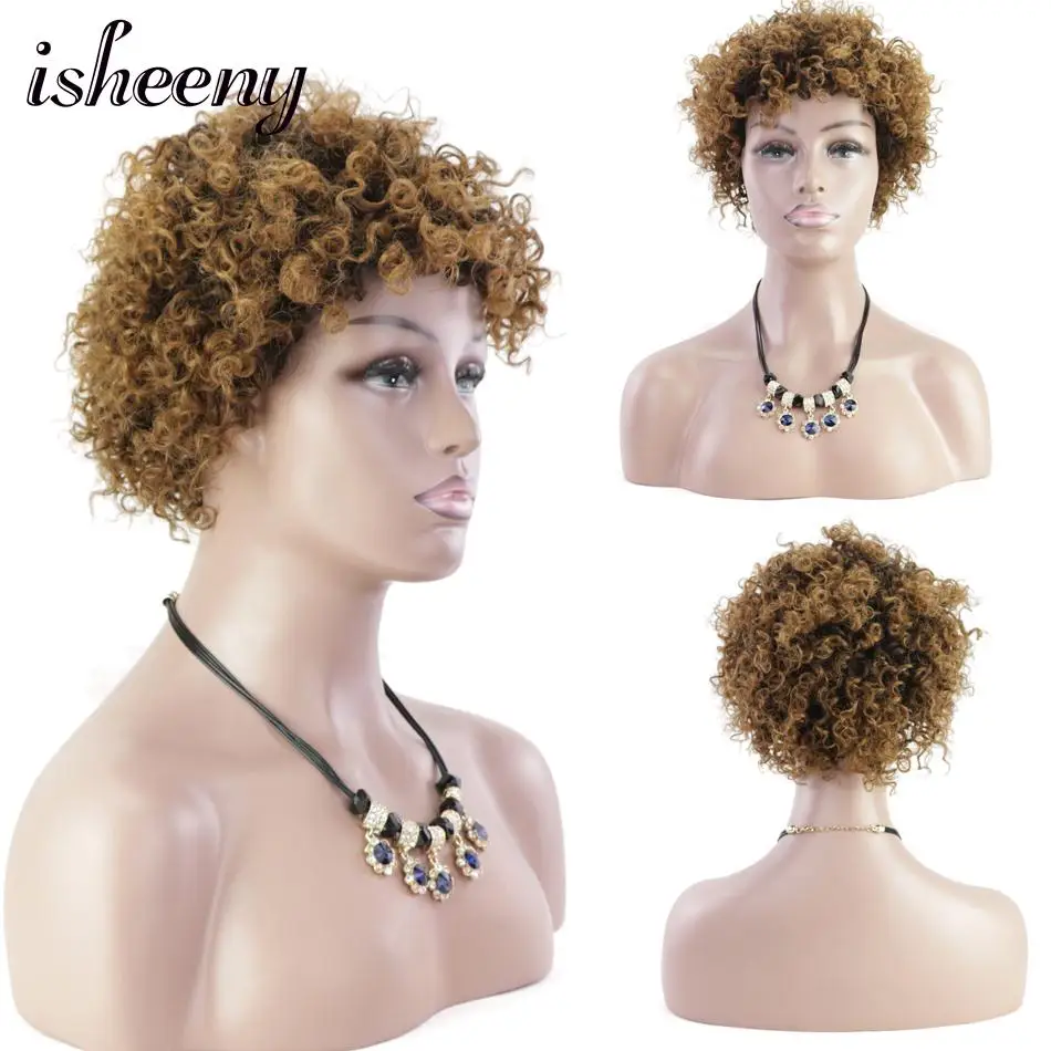 

Isheeny Full Machine Spiral Curl Wigs Short Puff Brazilian Remy Human Hair Afro Curly Omber Color T1B-4-27