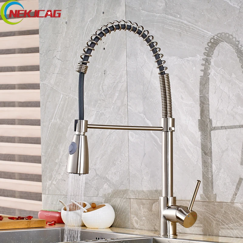 

Brushed Nickel Spring Kitchen Faucet Pull Down All Around Rotate Swivel 2-Function Water Outlet Mixer Tap