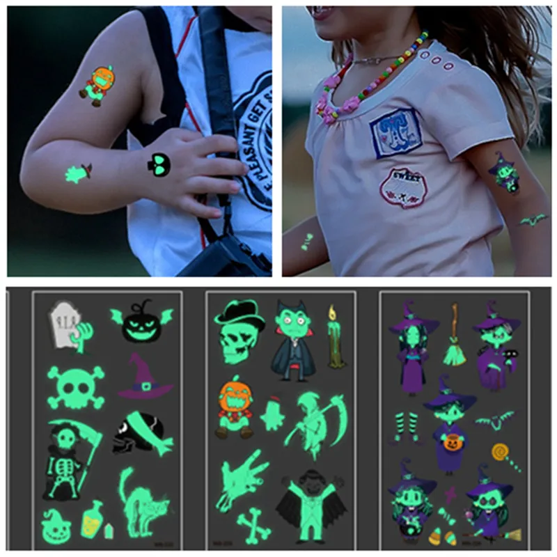 Светящиеся цветные тату-наклейки на Хэллоуин, тату-призрак для детей, поддельные татуировки, ведьмы, светящиеся в темноте, водонепроницаемые временные татуировки