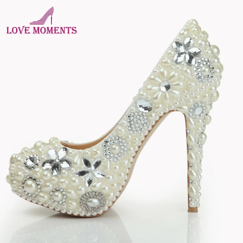 Обувь с жемчугом Свадебные вечерние туфли для ночного клуба каблук-стилет горный хрусталь, жемчуг Обувь на высоких каблуках свадебные туфли-лодочки ручной работы