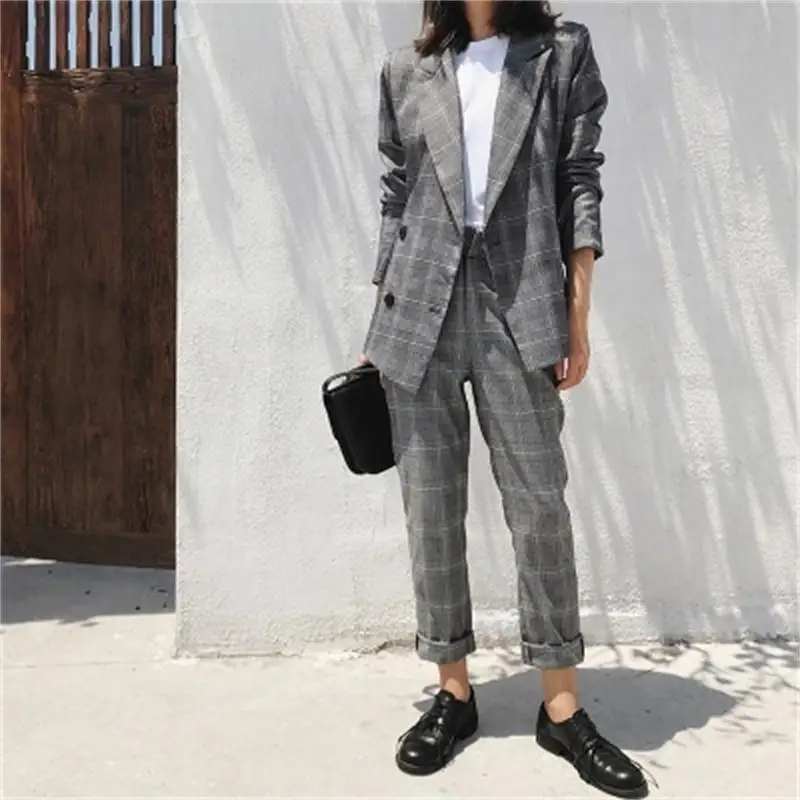 

Plaid suit suit female autumn New Fashion loose casual double-breasted plaid blazer + pants two-piece suit women