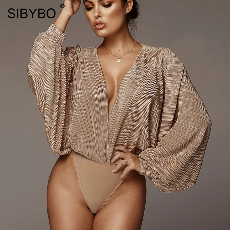 Sibybo глубокий v-образный вырез пэчворк сексуальное боди женское модное с длинным рукавом свободный женский комбинезон весна Повседневный