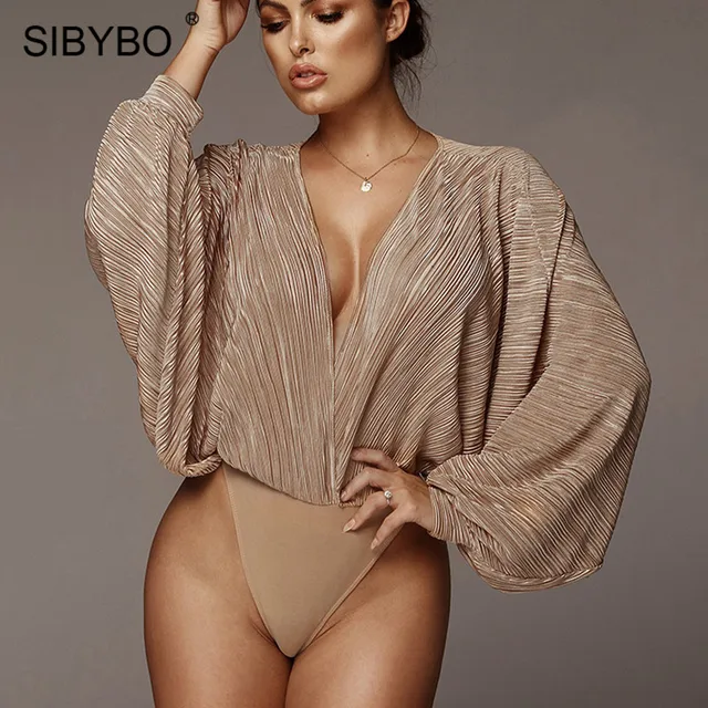 US $10.39 Sibybo Deep V-Neck Patchwork Sexy Bodysuit Women Fashion Long Sleeve Loose Women Rompers Spring Cas