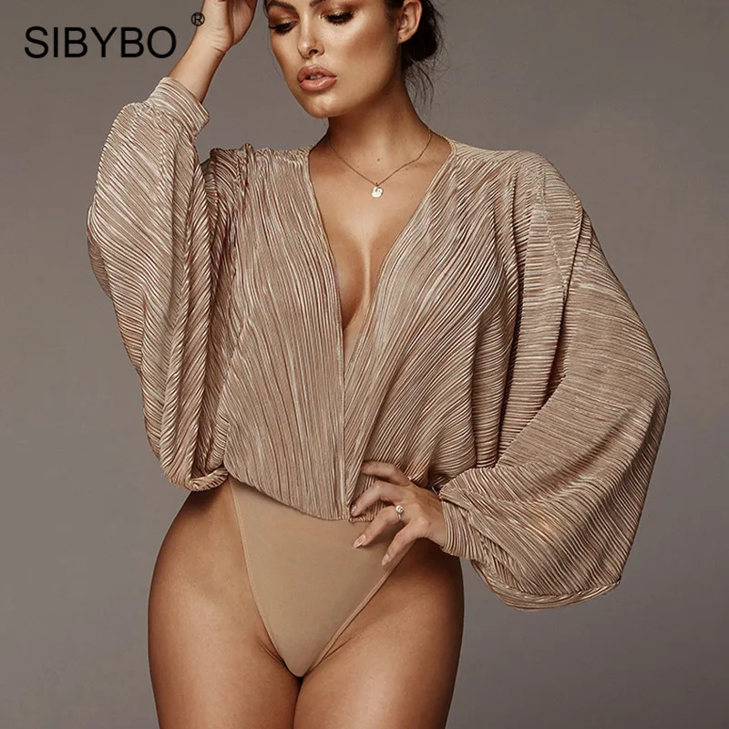 Comprar Sibybo Deep cuello en V Patchwork Sexy Bodysuit mujer moda manga larga suelta mujer monos primavera Casual Bodysuit 2020