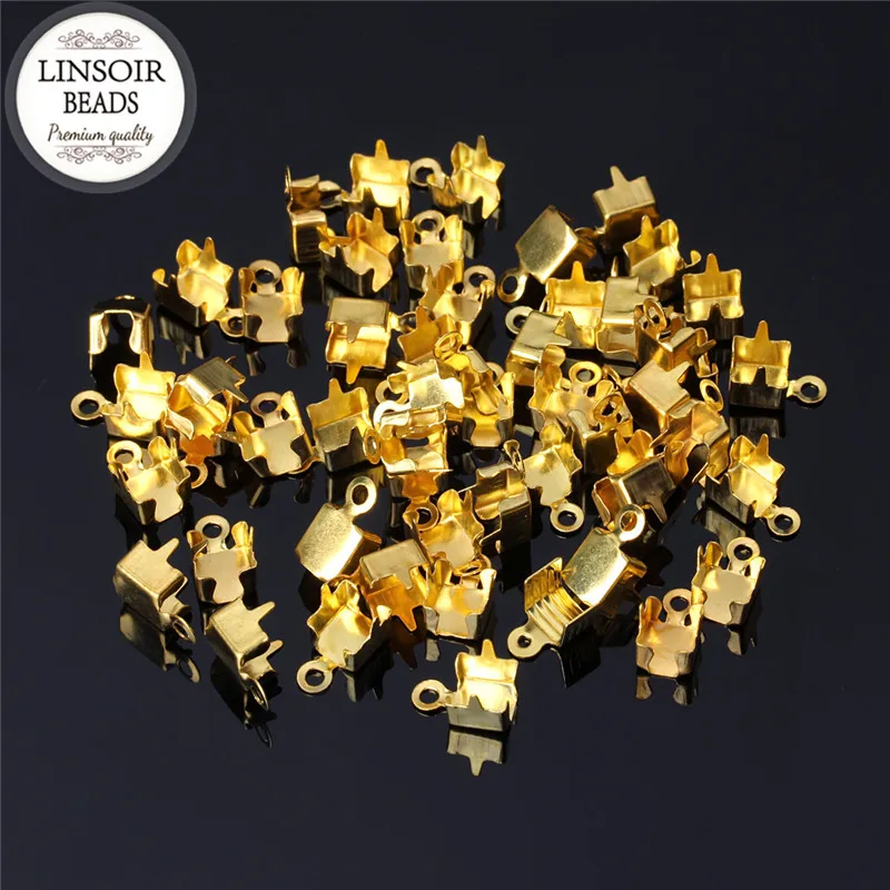 

100pcs/lot Copper Gold Color Inner Size 6mm Cord Crimp End Caps Fastener Clasps With Loops Connectors For Jewelry Making F5214