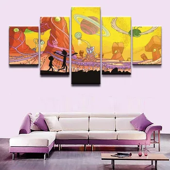 

Cartoon 5 Panels Canvas Painting Rick and Morty Poster Wall Art Painting Modern Home Decor Picture For Living Room Framework