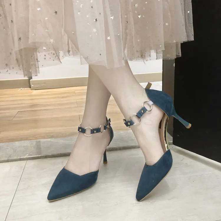 

2019 Summer Women's Shoes Non-slip High Heels Sandals Sexy High with(8CM) Solid Color Pointed-toe Metal Decoration Sandals 34-39
