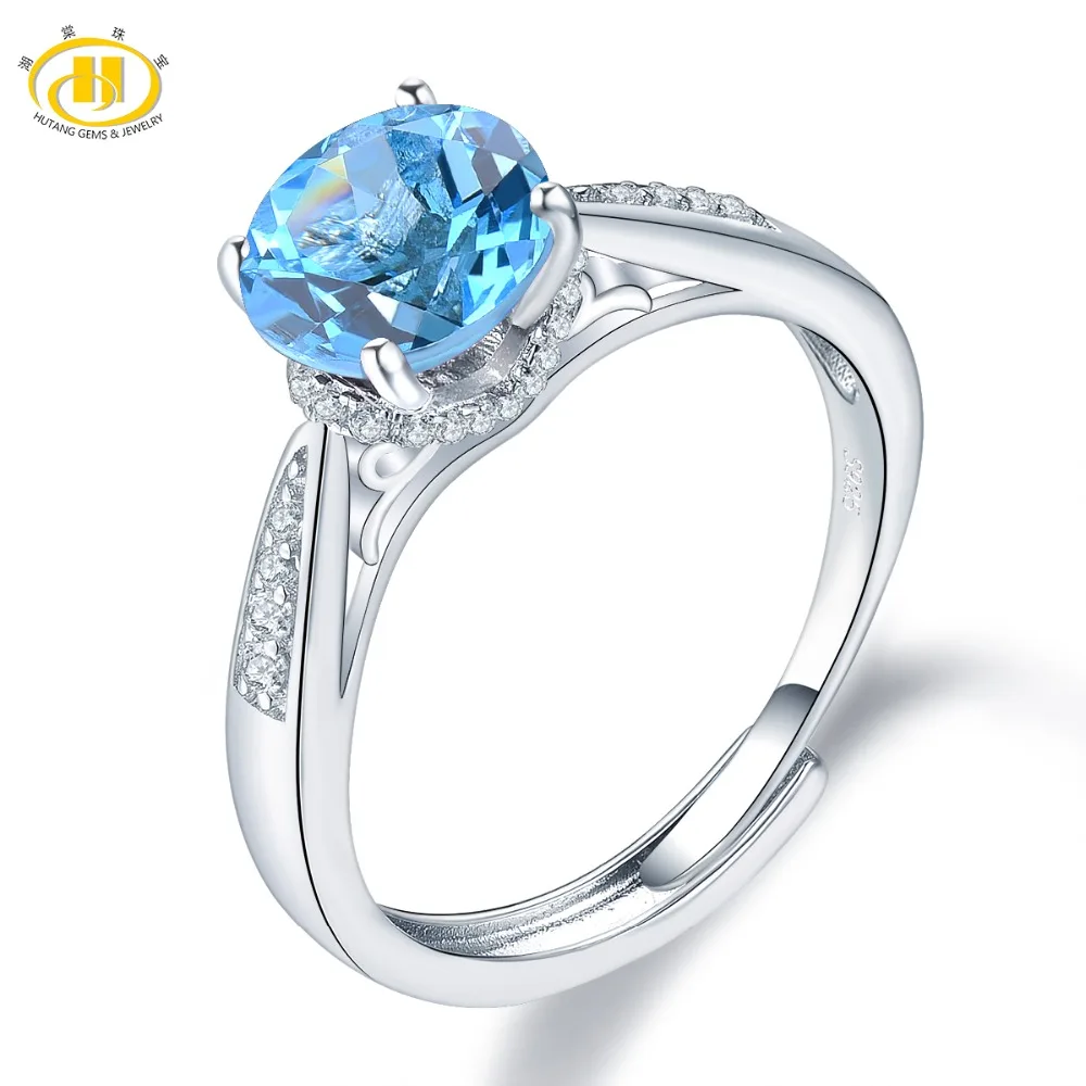 

Hutang 2.27ct Blue Topaz Rings 925 Sterling Silver Natural Gemstone Adjustable Ring Fine Elegant Jewelry for Women Best Gift New