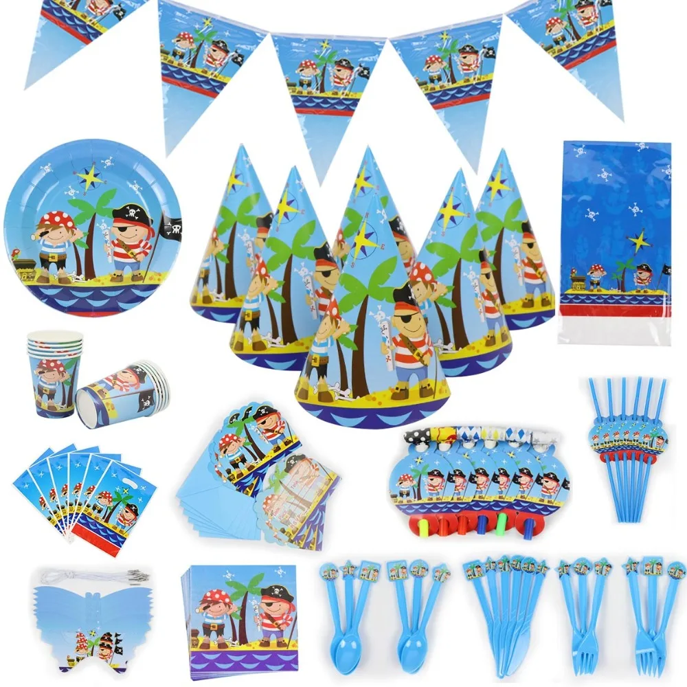 

1set Cartoon Pirate Party Napkin Paper Hat Plate Cup Tablecloth Balloons Birthday Decoration Kid Party Favor Supplies