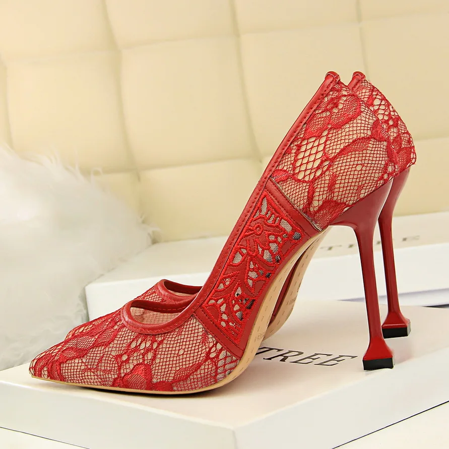 

2018 Summer Women 10cm Fetish High Heels Sexy Pink Heels Female Escarpins Pumps Breathable Mesh Scarpins Wedding Purple Shoes