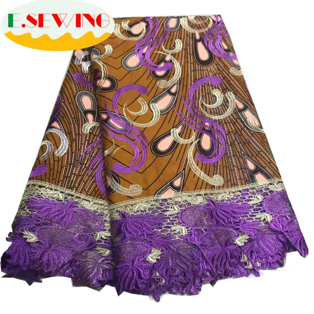 

Purple Color Hot Sale Embroidery African Wax Lace Ankara Fabric For Party Dress High Quality Water Soluble Lace Mix Wax Fabric