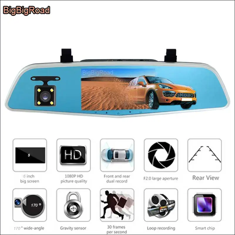 

BigBigRoad For chevrolet orlando Car Rearview Mirror DVR Video Recorder Dual Cameras Novatek 96655 5 inch IPS Screen dash cam