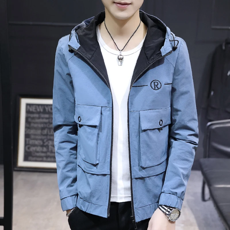 

Jacket men's spring fashion hooded casual jacket men's solid color large pockets with high quality fabric tooling bomber jacket