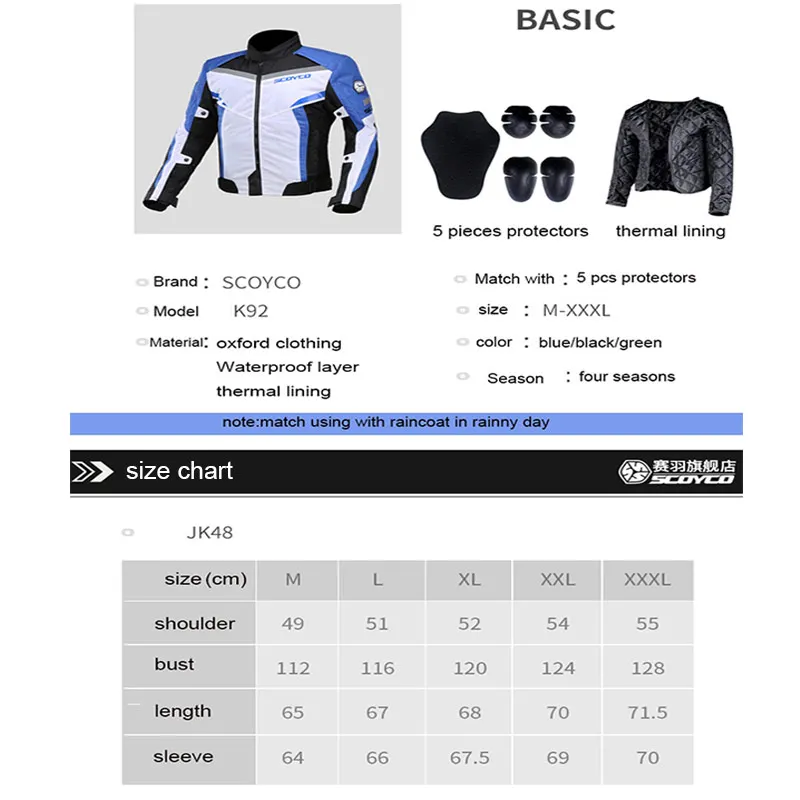 SCOYCO NEW Motorcycle Jacket Windproof Waterproof Coldproof Long Distance Touring Driving Clothing Motocross Jacket JK92