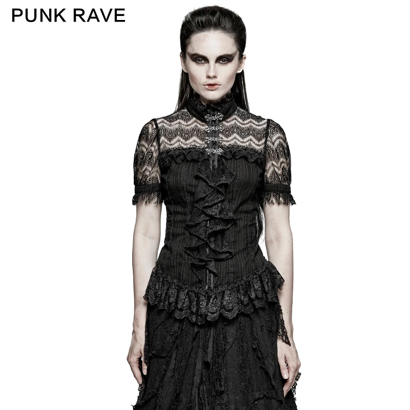 PUNK RAVE Vrouwen Gothic Ruches Kant Woomen Shirt Zwart Hollow Out Sexy Tops Fashion Party Formele Korte Mouw Blouse PUNK RAVE Vrouwen Gothic Ruches Kant Woomen Shirt Zwart Hollow Out Sexy Tops Fashion Party Formele Korte Mouw Blouse