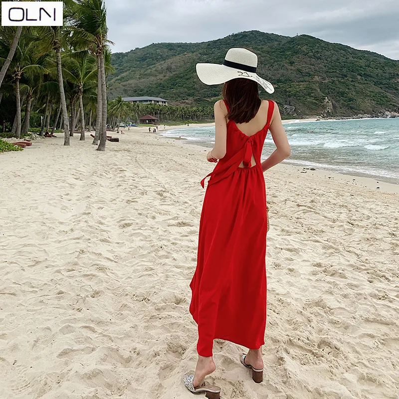 Новое летнее пляжное платье в гонконгском стиле Sanya красное с открытой спиной