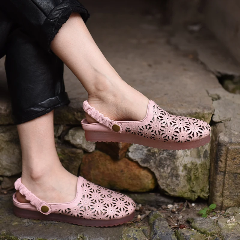 

Artmu Women Sandals Fashion Two Ways Wearing Hollow Retro Cow Leather Sandals/Slipper Woman Soft Bottom Beautiful Shoes Pink