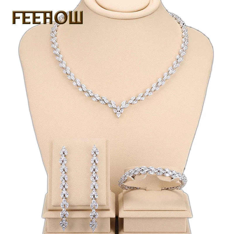 FEERW Unique Design Silver Plated Necklace Earring Bracelet Women Jewelry Set Fashion Crystal Leaf Shape Bijoux