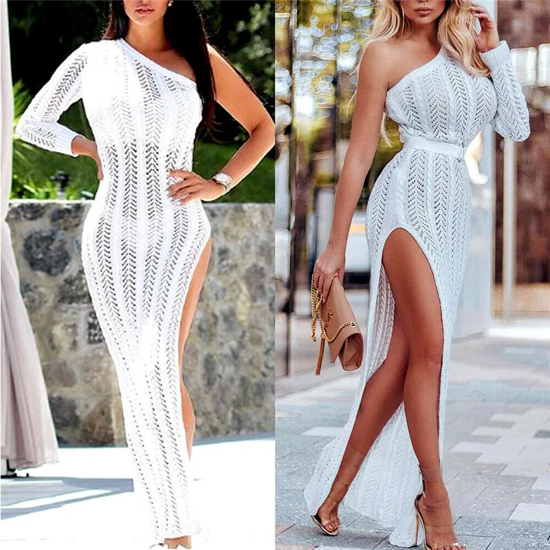

Stylish Women Bodycon Split dress One Shoulder white dress formal Evening Party Club Dress vestido summer beach Long Maxi dress