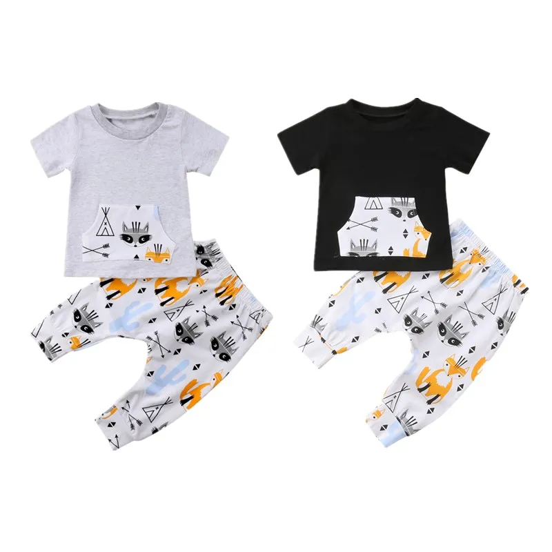 

Newborn Kids Baby Boy Cartoon Fox Sunsuit Clothes Toddler Boys Girl Summer T-shirt Top+Pants Trousers 2Pcs Clothing Sets