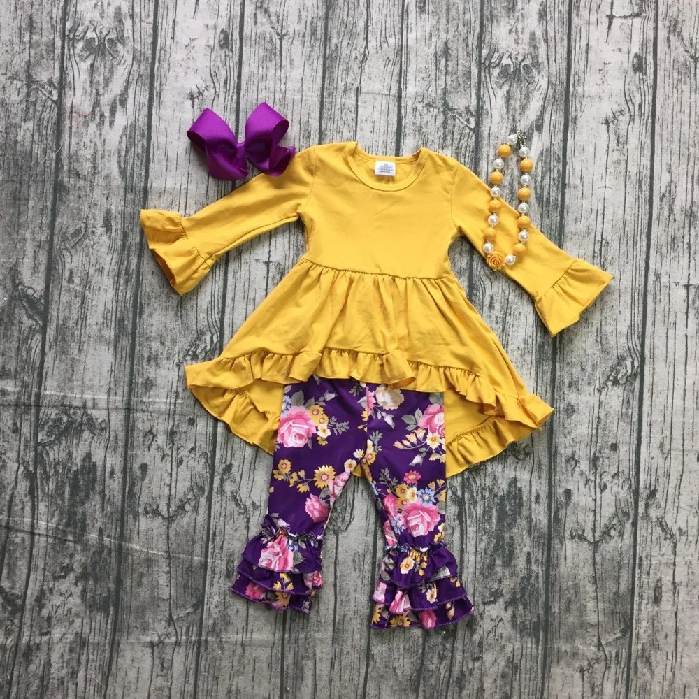 

new arrival spring/Winter baby girls outfits pant mustard purple floral children clothes dress ruffle boutique match accessories