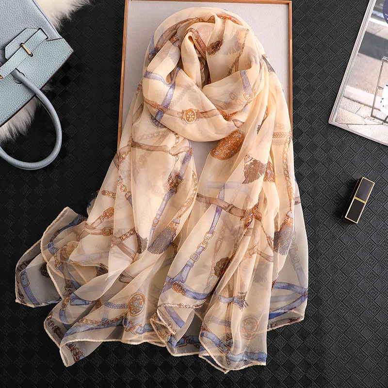 

2019 Luxury Women Silk Beach Scarf Chain Print Shawls Wraps Foulard Lady Pashmina Band Autumn Thin Scarves Stole