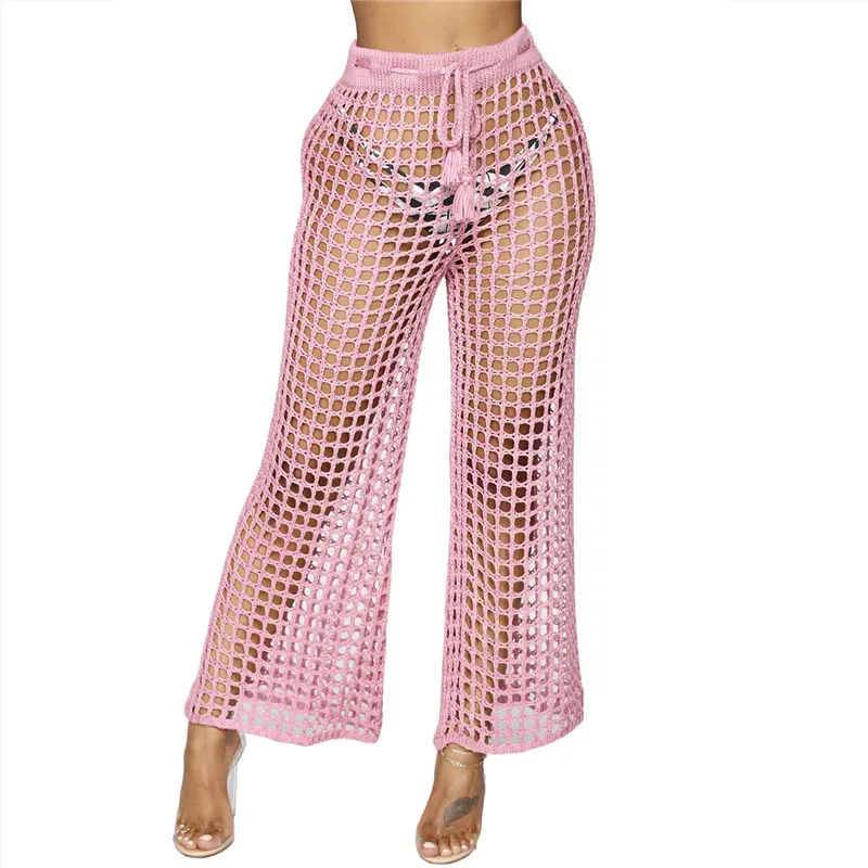 Adogirl Women Beach Flare Pants Solid Knitted Hollow Out Fishnet Wide Leg Pants High Waist Lace Up Sashes Night Club Trousers