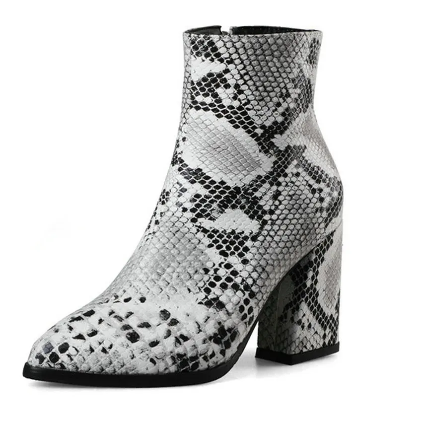 Eokkar/ г., женские ботильоны зимние ботинки со змеиным принтом Универсальные женские ботинки с острым носком, на молнии, с каблуком-копытом размеры 34-43
