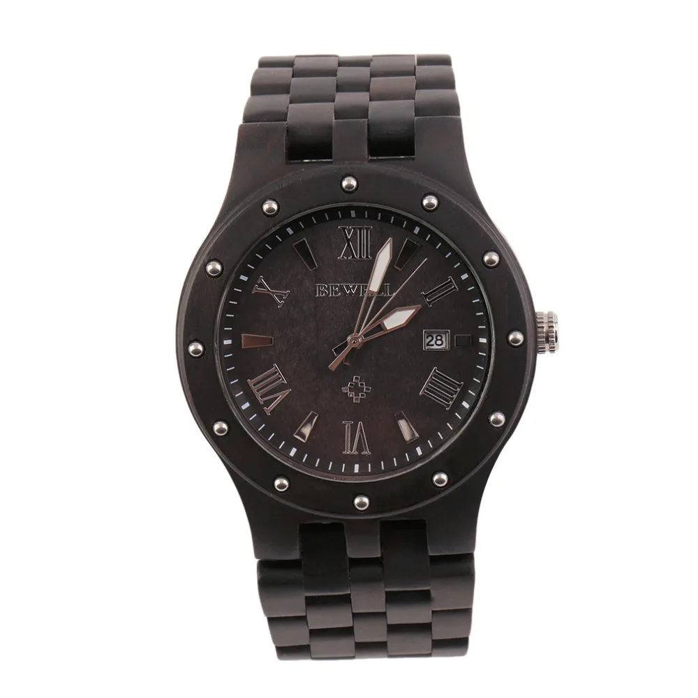 

Men's Wooden Black Sandal Wood Roman Numerals Round Dial Date Wrist Watch full wood material Top Quality