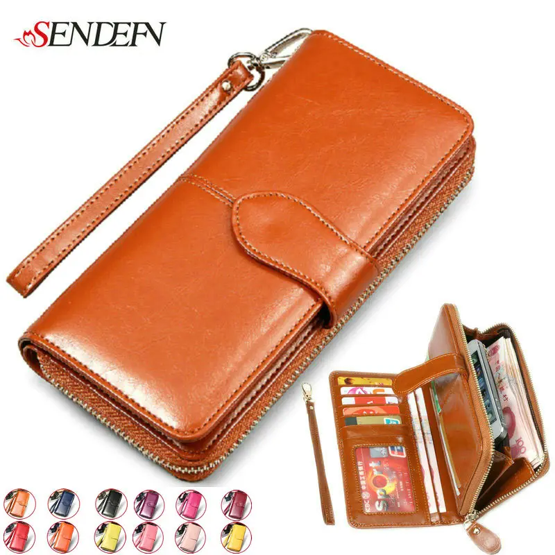  100% Vintage Cowhide Women Wallets Genuine Leather Wallet Woman Brand Coin Purse Zipper Ladies Leather Wallets Long Credit Cards 