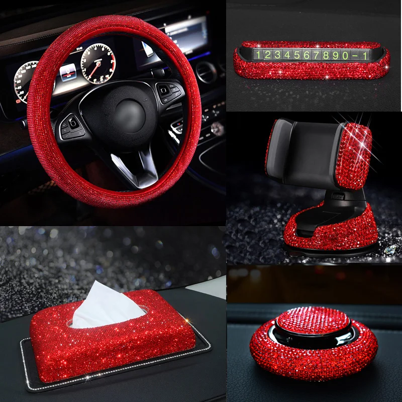Red Rhinestone Car Interior Accessories For Women Diamond Steering Wheel  Cover Crystal Car Mount Holder Keychain Tissue Box Deco - Steering Covers -  AliExpress