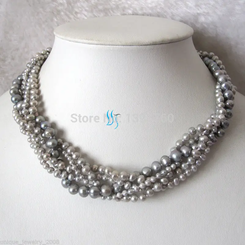 

Miss charm Jew.5Row Gray Freshwater Pearl Necklace Cultured Fashion Jewelry NEW