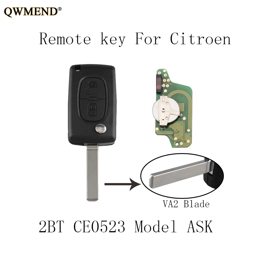 QWMEND 2 кнопки 433 МГц лезвие VA2 дистанционный брелок для CITROEN C2 C3 C4 C5 Picasso Berlingo CE0523
