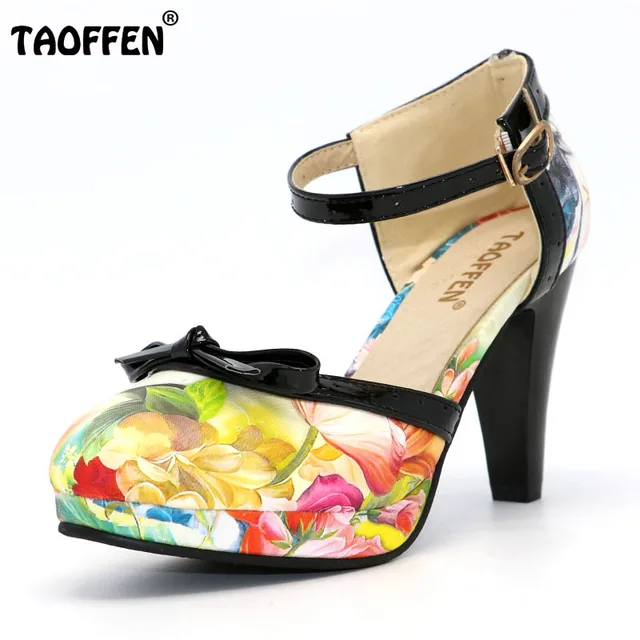 TAOFFEN Plus Size 32-48 Women High Heel Shoes Round Toe Heels Sandals Women's Print Platform Sandals Black bow Party Footwears