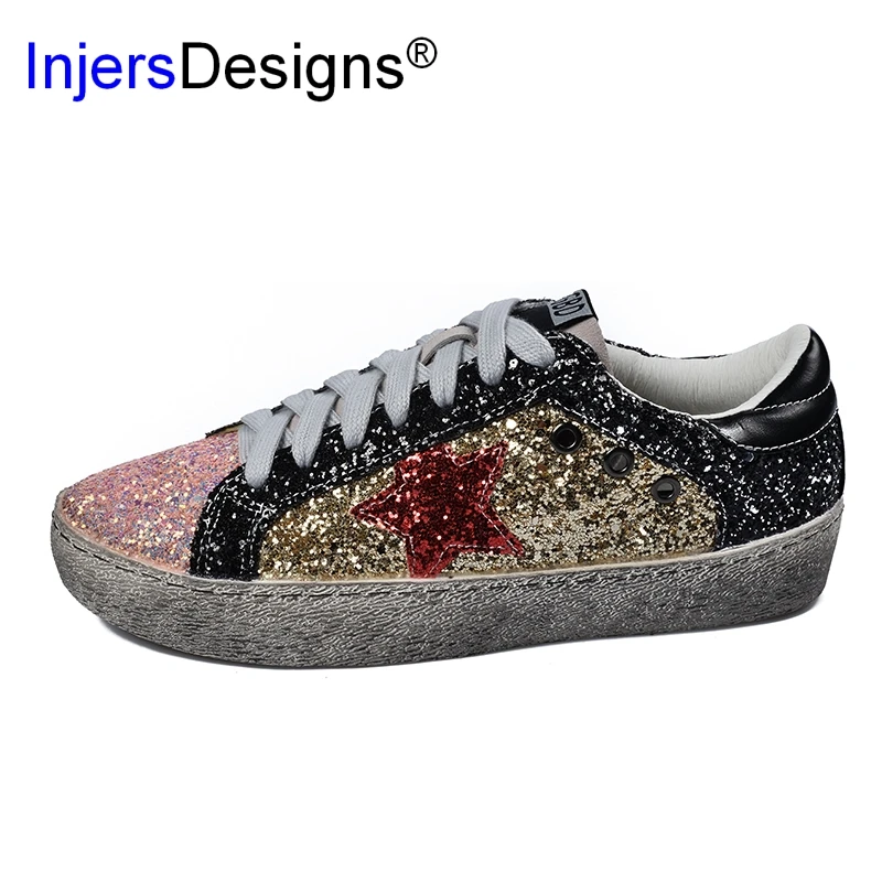 Comprar Zapatos casuales de cuero genuino de mujer zapatos viejos sucios de colores mezclados de moda de lentejuelas doradas de estrellas de ganso