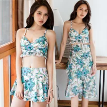 Купальник, купальник, женское танкини, купальный костюм, одежда для плавания, бикини, пуш-ап, раздельный,, гофрированная юбка, из трех частей, сексуальный женский