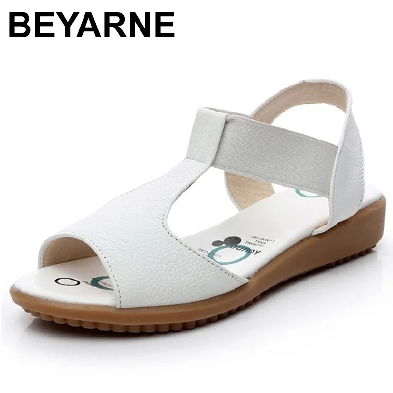 

BEYARNEFlat Breif Women Sandals Genuine Leather Open Toe Summer Shoes Women's Nurse Shoes Plus Size Sandals 35-43White BlackE453