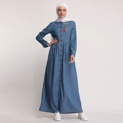 Muslim Women Dress Embroidered Full Button Turkey Middle East Long Denim Dress Fashion Turkish Clothing Long Cardigan Dress Muslim Women Dress Embroidered Full Button Turkey Middle East Long Denim Dress Fashion Turkish Clothing Long Cardigan Dress