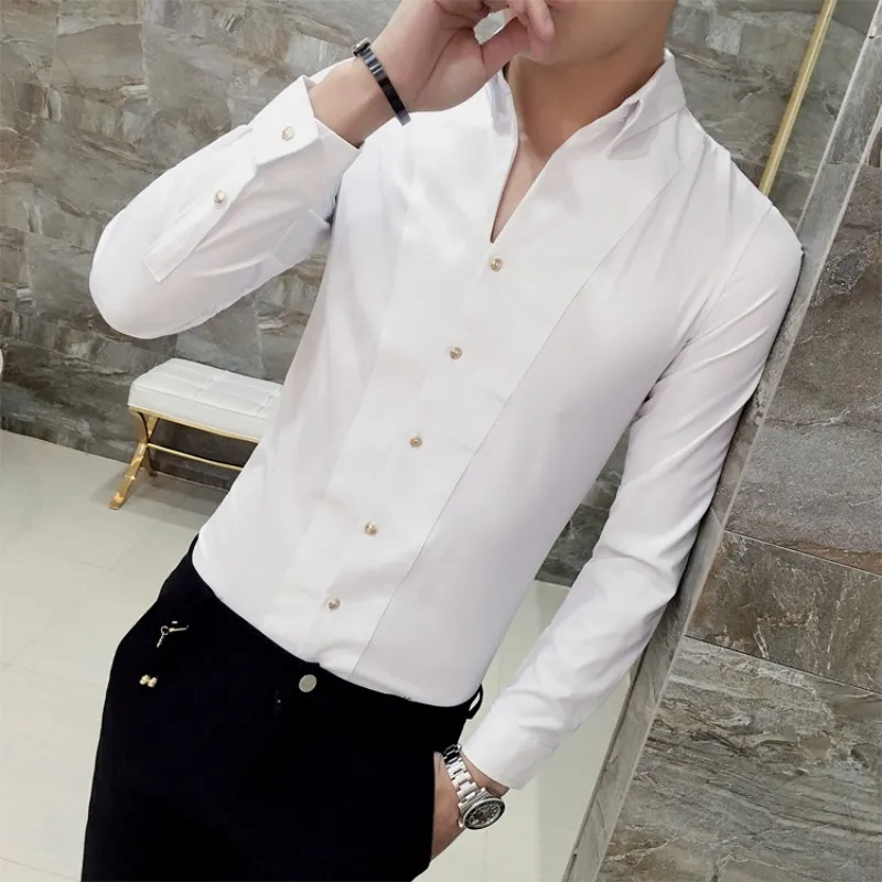 Quality Shirt Dress Brand New Slim Fit Mens Casual Shirts Solid All Match Streetwear V Neck Long Sleeve Shirt Men Clothes