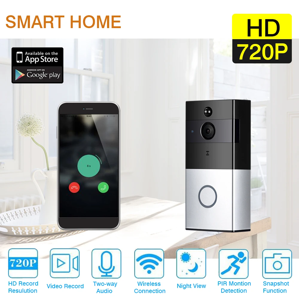 

Wireless Wifi HD 720P Smart Video Doorbell Camera Battery Built in 16GB SD Card Support PIR Detection Infrared Night Vision P2P