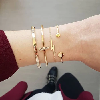 

4 Pcs Fashion Retro Geometric Charm Bracelet Set for Women Punk Gold Alloy Crystal Adjustable Bracelet 2019 Jewelry Party Gift